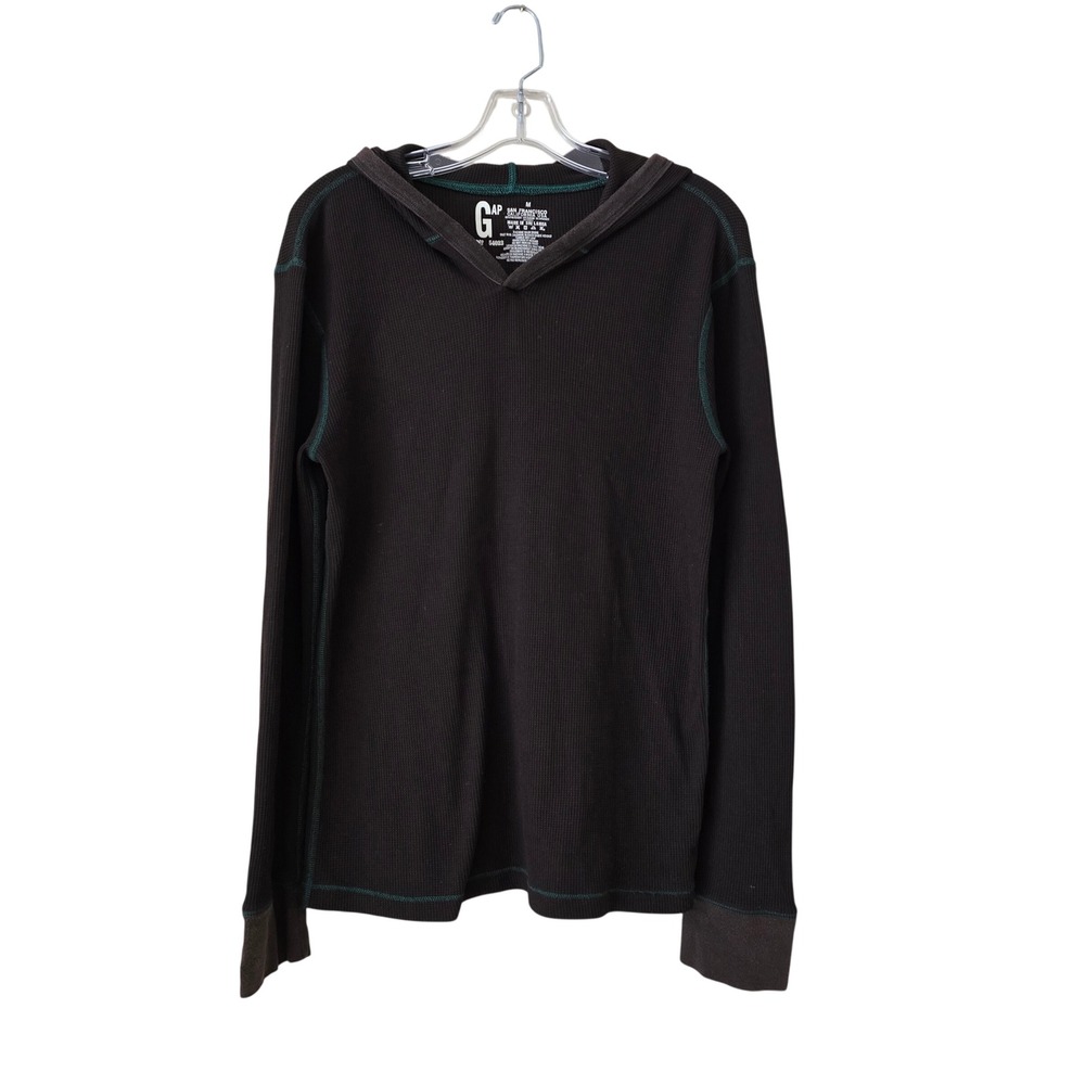 Gap Brown Waffle Knit Thermal Hoodie Green Contrast Stitching Pullover Top M